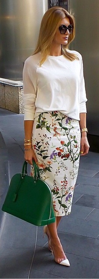 Women's Green Leather Satchel Bag, White Leather Pumps, White Floral Pencil Skirt, White Long Sleeve Blouse