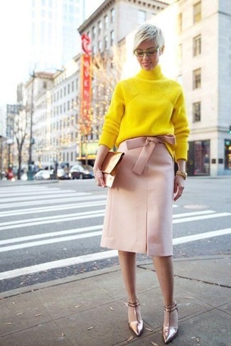 Women's Gold Leather Clutch, Gold Leather Pumps, Pink Pencil Skirt, Yellow Knit Turtleneck