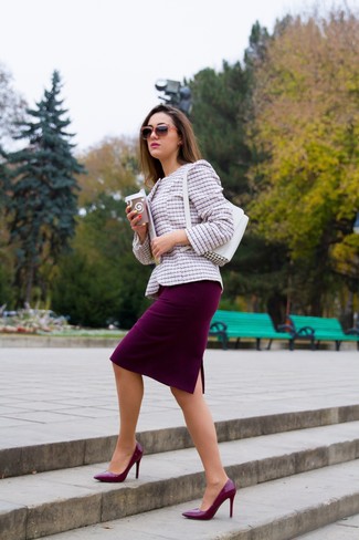 Women's White Leather Handbag, Burgundy Leather Pumps, Burgundy Pencil Skirt, Pink Tweed Jacket