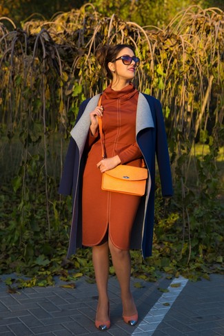 Women's Orange Leather Crossbody Bag, Orange Suede Pumps, Orange Sheath Dress, Navy Coat