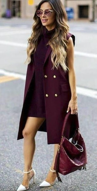 Women's Burgundy Leather Tote Bag, White Leather Pumps, Dark Purple Shift Dress, Burgundy Sleeveless Coat