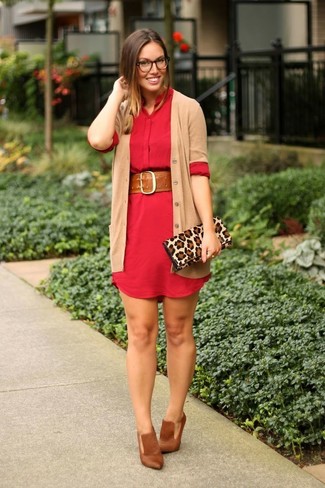 Women's Tan Leopard Suede Clutch, Brown Leather Pumps, Red Shirtdress, Tan Cardigan