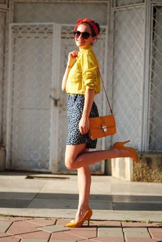 Women's Orange Crossbody Bag, Orange Pumps, Navy Floral Shorts, Yellow Dress Shirt