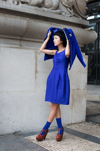 Women's Blue Suede Clutch, Burgundy Leather Pumps, Blue Skater Dress, Blue Bomber Jacket