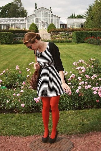 White and Black Horizontal Striped Skater Dress Outfits: 