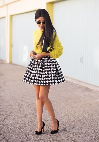 Black and White Houndstooth Skater Skirt Outfits: 