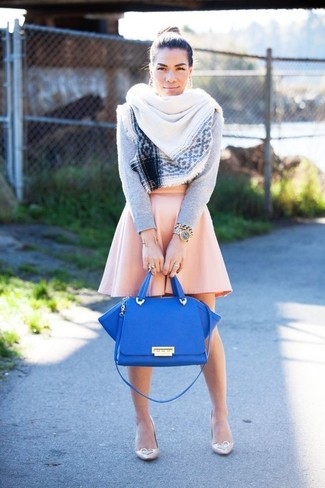 Women's Blue Leather Satchel Bag, Beige Leather Pumps, Pink Skater Skirt, Grey Crew-neck Sweater