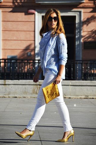 Women's Gold Leather Clutch, Gold Leather Pumps, White Skinny Jeans, Light Blue Cable Sweater