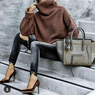 Brown Cowl-neck Sweater Outfits For Women: 