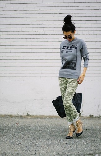Women's Black Leather Tote Bag, Black Studded Leather Pumps, Olive Camouflage Skinny Jeans, Grey Print Crew-neck Sweater