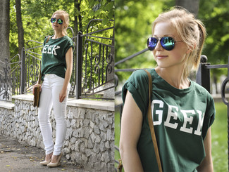 Dark Green Print Crew-neck T-shirt Outfits For Women: 