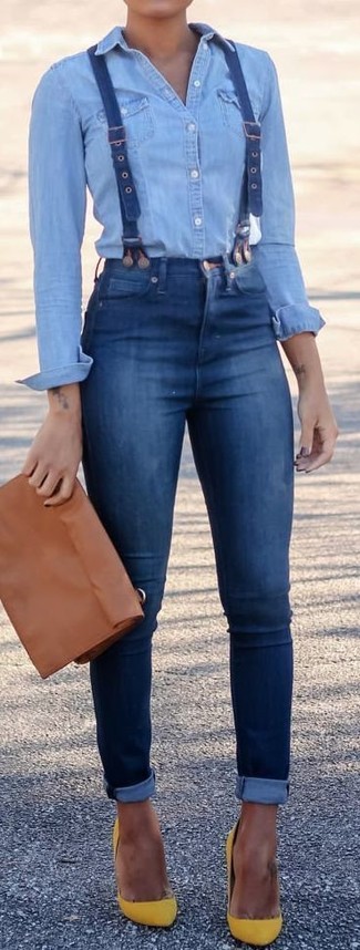 Women's Brown Leather Clutch, Yellow Suede Pumps, Blue Skinny Jeans, Light Blue Denim Shirt