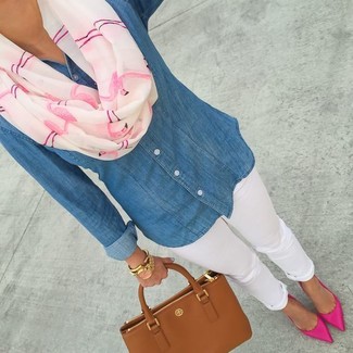 Women's Tan Leather Tote Bag, Hot Pink Suede Pumps, White Skinny Jeans, Blue Denim Shirt