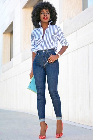 White and Blue Vertical Striped Dress Shirt Outfits For Women: 