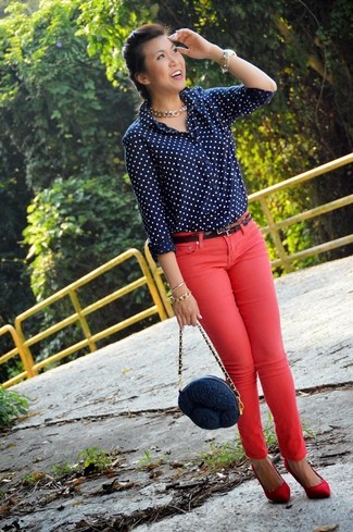 Navy and White Polka Dot Dress Shirt Outfits For Women: 