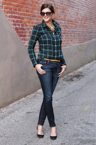 Women's Yellow Leather Belt, Black Suede Pumps, Navy Skinny Jeans, Navy and Green Plaid Dress Shirt