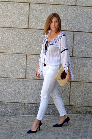 Women's Beige Straw Clutch, Black Suede Pumps, White Skinny Jeans, White and Blue Embroidered Peasant Blouse