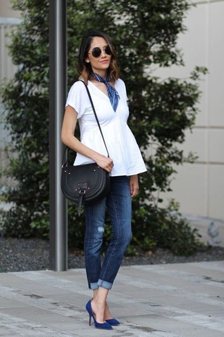 Women's Black Leather Crossbody Bag, Navy Suede Pumps, Navy Ripped Skinny Jeans, White Peplum Top