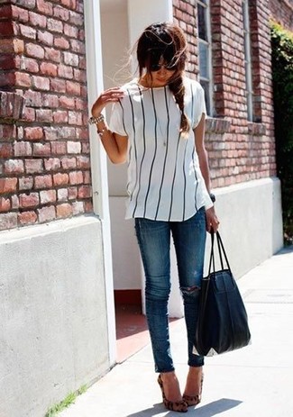 Women's Black Leather Tote Bag, Tan Leopard Suede Pumps, Blue Ripped Skinny Jeans, White and Black Vertical Striped Short Sleeve Blouse