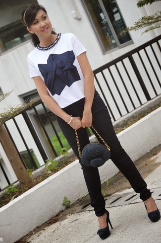 Women's Black Clutch, Black Suede Pumps, Black Skinny Jeans, White and Navy Embroidered Short Sleeve Blouse