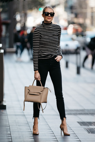 Women's Tan Leather Satchel Bag, Tan Leather Pumps, Black Skinny Jeans, Black and White Horizontal Striped Turtleneck