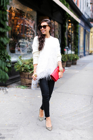 Women's Red Leather Clutch, Beige Leopard Leather Pumps, Black Leather Skinny Pants, White Feather Crew-neck Sweater