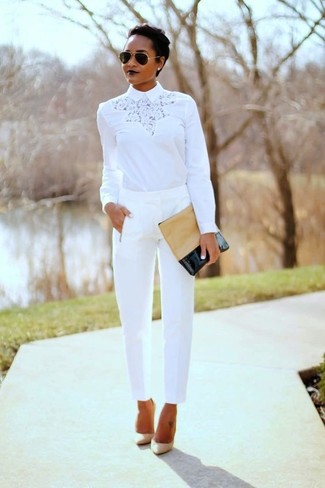 Women's Tan Leather Clutch, Beige Leather Pumps, White Tapered Pants, White Lace Long Sleeve Blouse