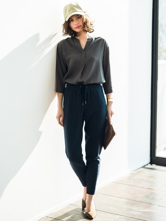 Charcoal Long Sleeve Blouse Outfits: 
