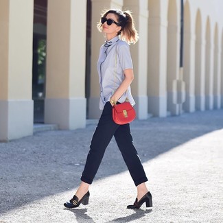Women's Red Leather Crossbody Bag, Black Leather Pumps, Navy Tapered Pants, Light Blue Short Sleeve Button Down Shirt