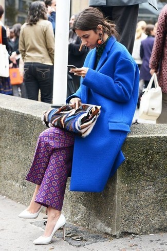 Women's Blue Print Fur Clutch, White Leather Pumps, Purple Print Wide Leg Pants, Blue Coat