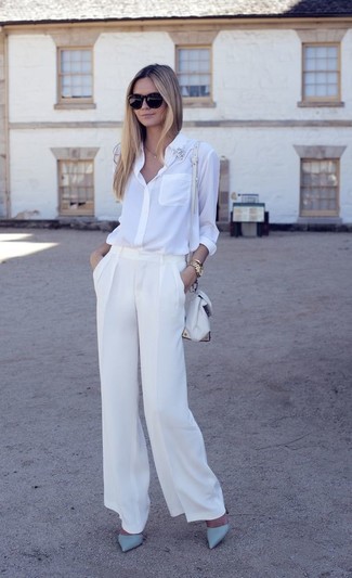 White Silk Dress Shirt with White Wide Leg Pants Outfits: 