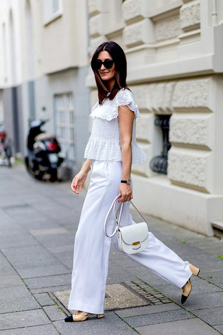 Women's White Leather Crossbody Bag, Beige Leather Pumps, White Wide Leg Pants, White Ruffle Lace Short Sleeve Blouse