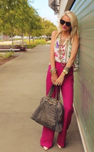 Women's Dark Brown Leather Tote Bag, Beige Leather Pumps, Hot Pink Wide Leg Pants, White Floral Sleeveless Button Down Shirt