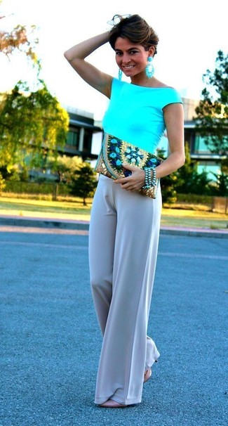 Women's Multi colored Embroidered Clutch, Beige Leather Pumps, Grey Wide Leg Pants, Aquamarine Sleeveless Top
