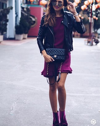 Dark Purple Velvet Ankle Boots Outfits: 