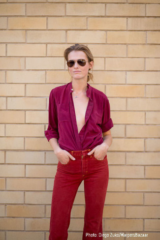 Women's Purple Button Down Blouse, Red Jeans, Brown Sunglasses