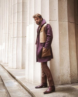 Men's Purple Overcoat, Beige Knit Wool Turtleneck, Brown Leather Jeans, Brown Leather Chelsea Boots