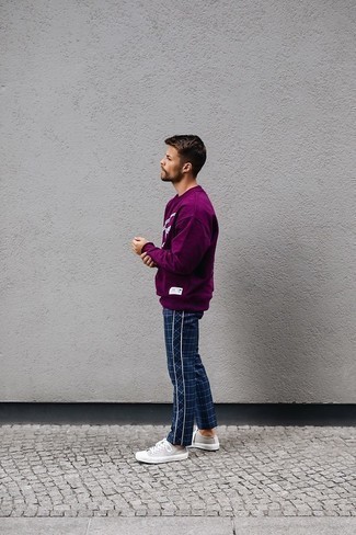 Grey Canvas Low Top Sneakers Outfits For Men: A purple print sweatshirt and navy plaid chinos are must-have menswear staples if you're figuring out a casual closet that holds to the highest fashion standards. If you don't know how to finish off, a pair of grey canvas low top sneakers is a winning option.