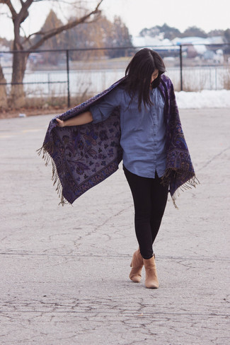 Women's Purple Print Shawl, Blue Chambray Dress Shirt, Black Skinny Jeans, Tan Suede Ankle Boots