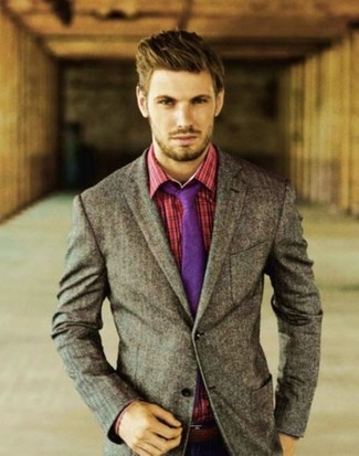 Men's Brown Leather Belt, Purple Tie, Red Plaid Long Sleeve Shirt, Grey Wool Blazer