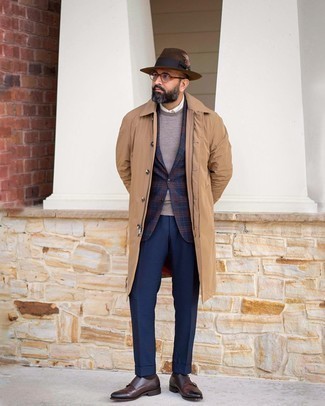 Dark Brown Wool Hat Outfits For Men: A tan raincoat and a dark brown wool hat are a great look worth integrating into your current casual fashion mix. Make your ensemble a bit more sophisticated by finishing off with dark brown leather double monks.