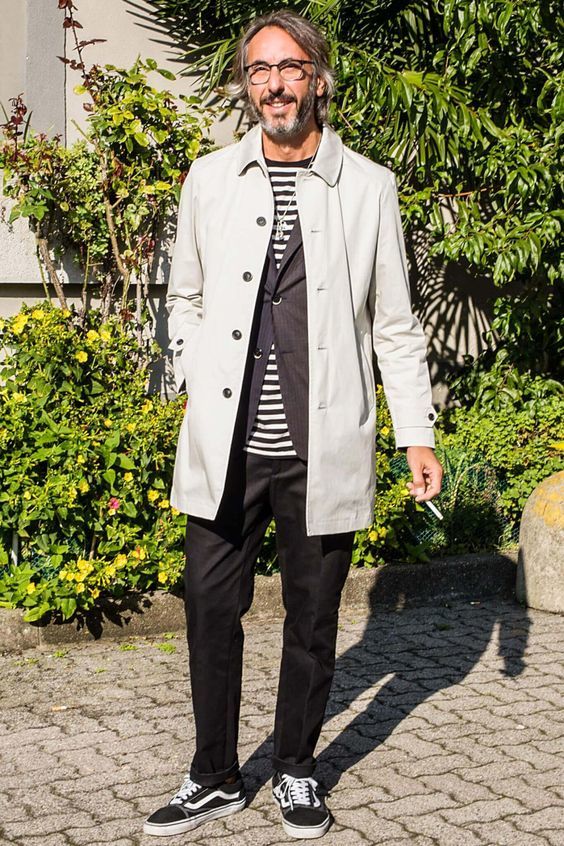 Men's White Raincoat, Charcoal Blazer, Black and White Horizontal