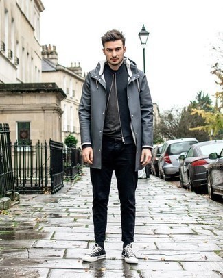 Grey Raincoat Outfits For Men: If you're in search of an off-duty yet dapper look, consider wearing a grey raincoat and navy chinos. The whole outfit comes together when you round off with a pair of black and white canvas low top sneakers.