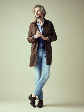 Brown Suede Double Monks Outfits: Consider teaming a dark brown raincoat with light blue jeans for a casual ensemble with a modern twist. Finishing off with brown suede double monks is an easy way to bring an extra dimension to this look.
