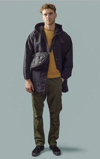 Olive Cargo Pants Warm Weather Outfits: Consider wearing a black raincoat and olive cargo pants for a straightforward getup that's also pulled together. When this look is too much, play it down with black suede high top sneakers.