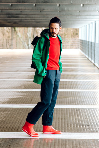 Men's Green Raincoat, Red Crew-neck Sweater, Navy Chinos, Red Rain Boots