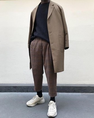 Men's Brown Raincoat, Navy Crew-neck Sweater, Brown Plaid Chinos, White Athletic Shoes