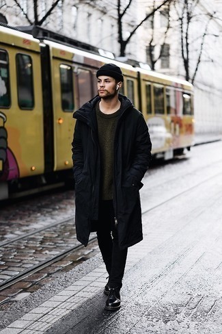 Black Raincoat Outfits For Men: Go for a simple but at the same time casually dapper choice in a black raincoat and black chinos. If you need to effortlessly up the style ante of this getup with a pair of shoes, why not complete this outfit with a pair of black leather derby shoes?