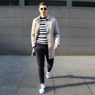Black and White Horizontal Striped Crew-neck Sweater Outfits For Men: Show that you do off-duty like a fashion pro by wearing a black and white horizontal striped crew-neck sweater and black chinos. A pair of white and black leather low top sneakers completes this ensemble quite well.