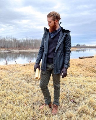 Brown Leather Desert Boots Outfits: Choose a navy raincoat and olive chinos to pull together an everyday ensemble that's full of style and character. Complete this outfit with a pair of brown leather desert boots and off you go looking amazing.
